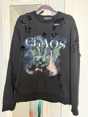 AMIRI Black CHAOS Distressed Graphic Sweatshirt with Multicolor Print